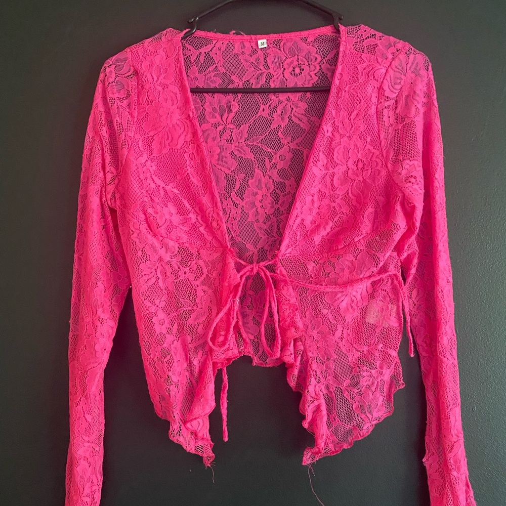 Pink Long Sleeve Tie Front Asymmetrical Crop Top